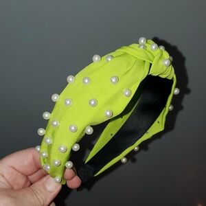 New handmade boutique pearl top knot flexible wide headband neon green